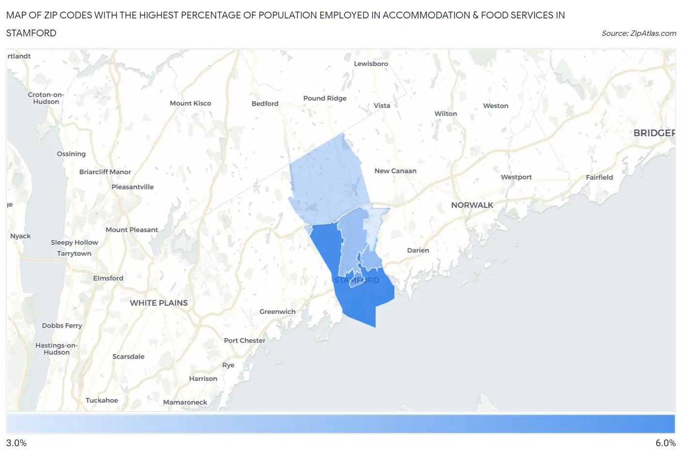 Zip Codes with the Highest Percentage of Population Employed in Accommodation & Food Services in Stamford Map