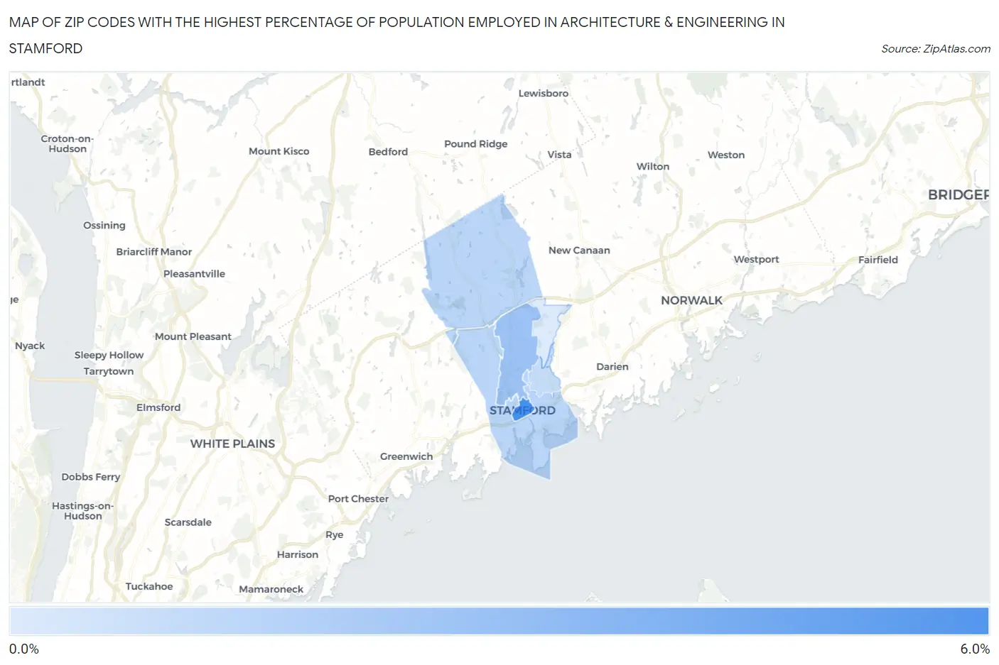 Zip Codes with the Highest Percentage of Population Employed in Architecture & Engineering in Stamford Map