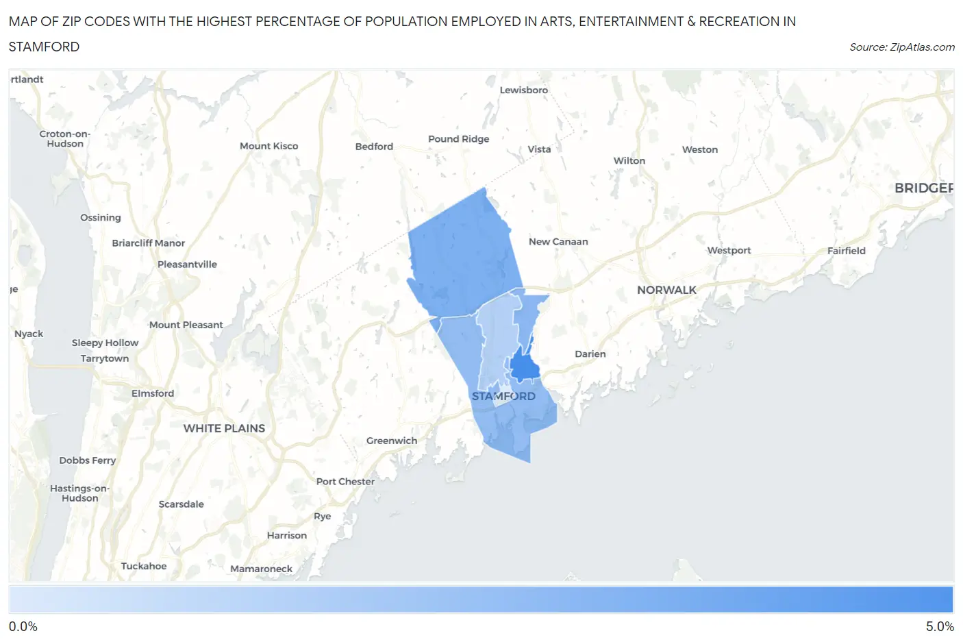 Zip Codes with the Highest Percentage of Population Employed in Arts, Entertainment & Recreation in Stamford Map