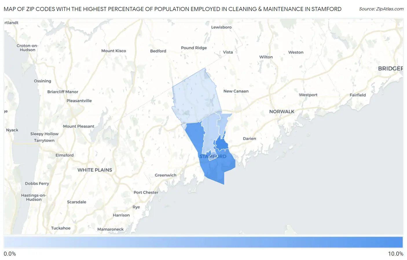Zip Codes with the Highest Percentage of Population Employed in Cleaning & Maintenance in Stamford Map