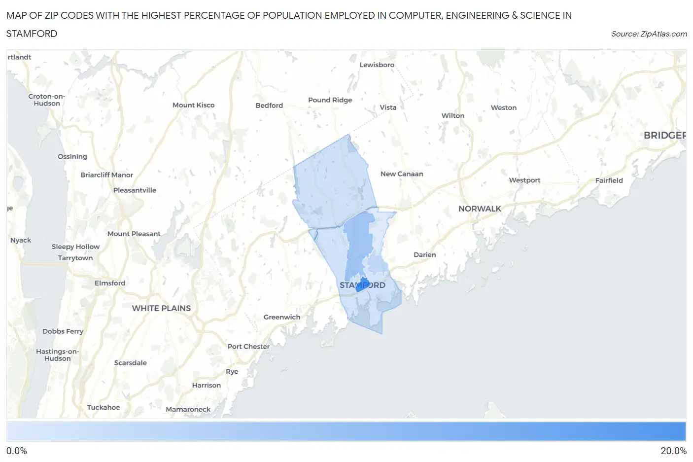 Zip Codes with the Highest Percentage of Population Employed in Computer, Engineering & Science in Stamford Map
