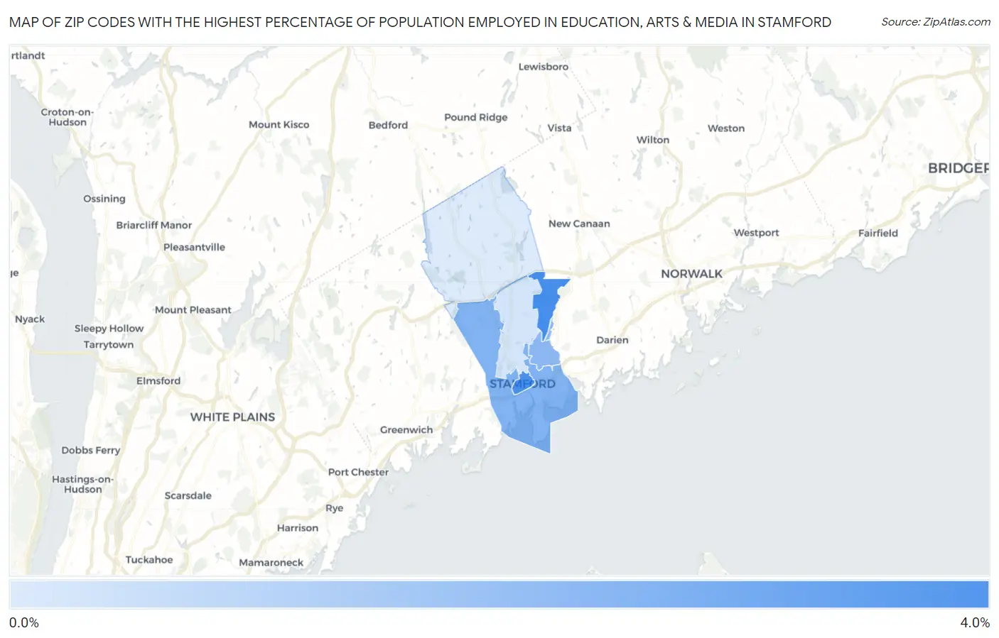 Zip Codes with the Highest Percentage of Population Employed in Education, Arts & Media in Stamford Map