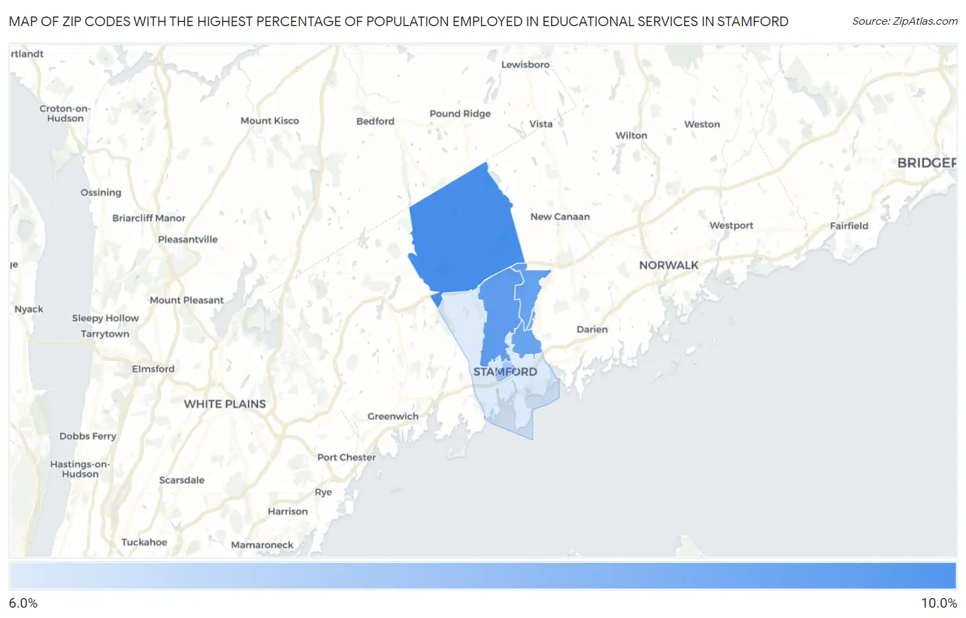 Zip Codes with the Highest Percentage of Population Employed in Educational Services in Stamford Map
