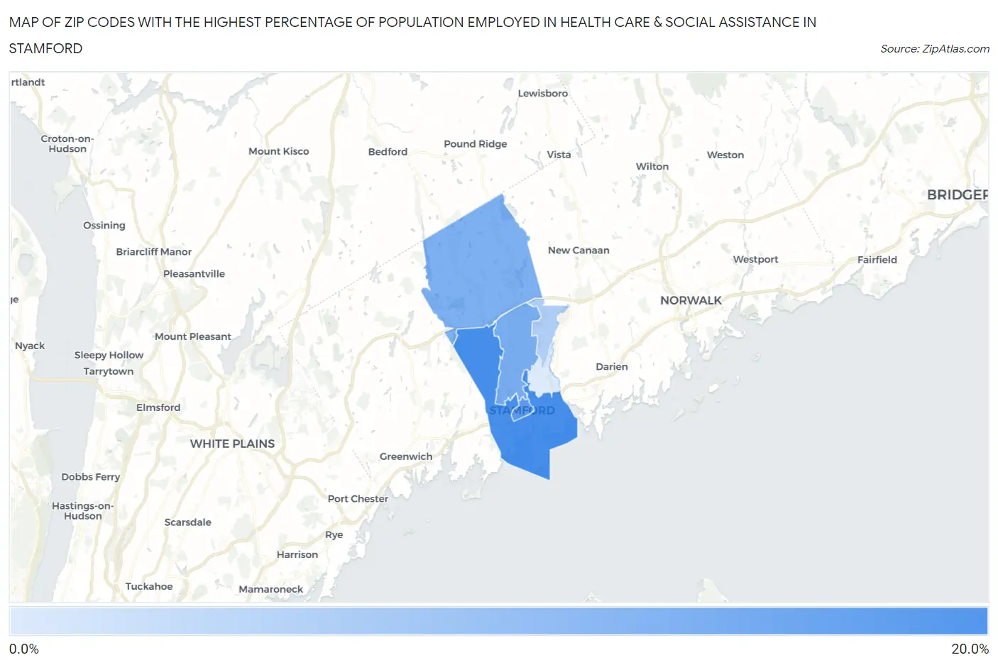 Zip Codes with the Highest Percentage of Population Employed in Health Care & Social Assistance in Stamford Map
