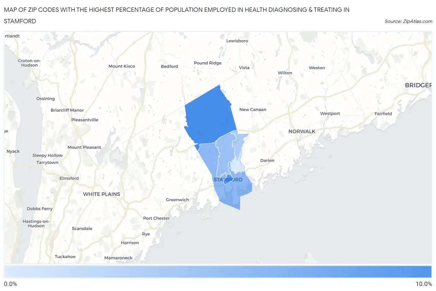 Zip Codes with the Highest Percentage of Population Employed in Health Diagnosing & Treating in Stamford Map