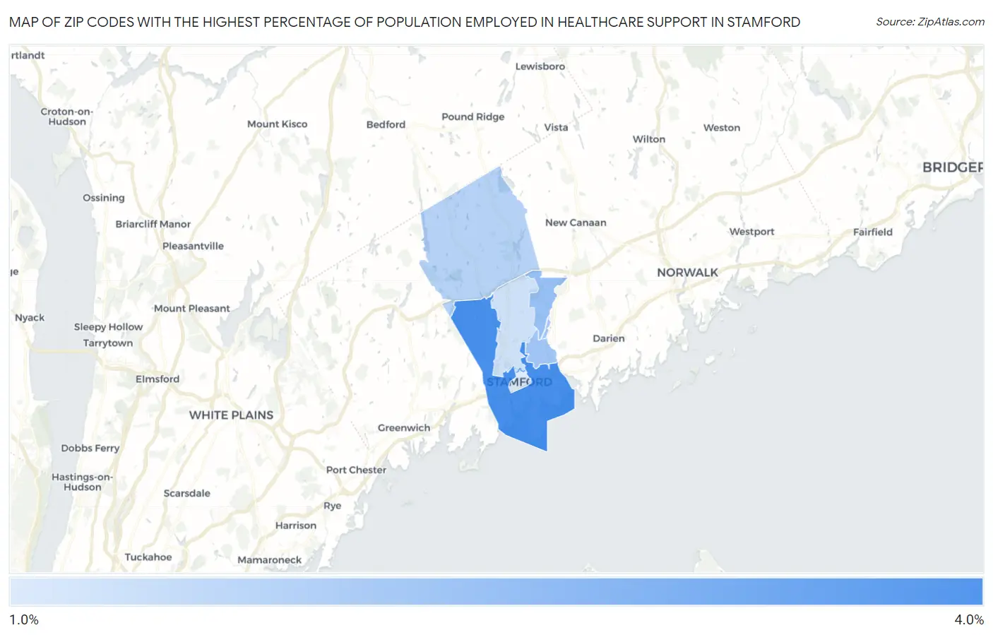 Zip Codes with the Highest Percentage of Population Employed in Healthcare Support in Stamford Map