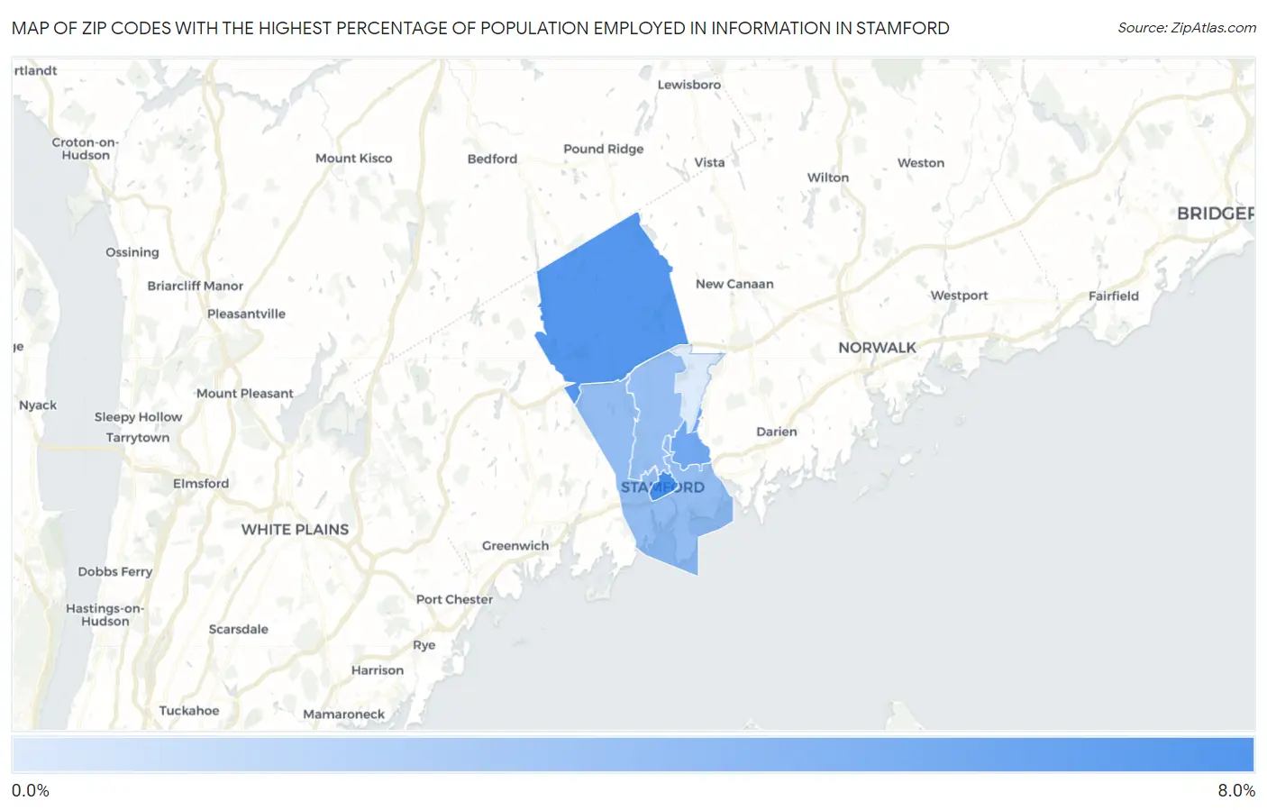 Zip Codes with the Highest Percentage of Population Employed in Information in Stamford Map
