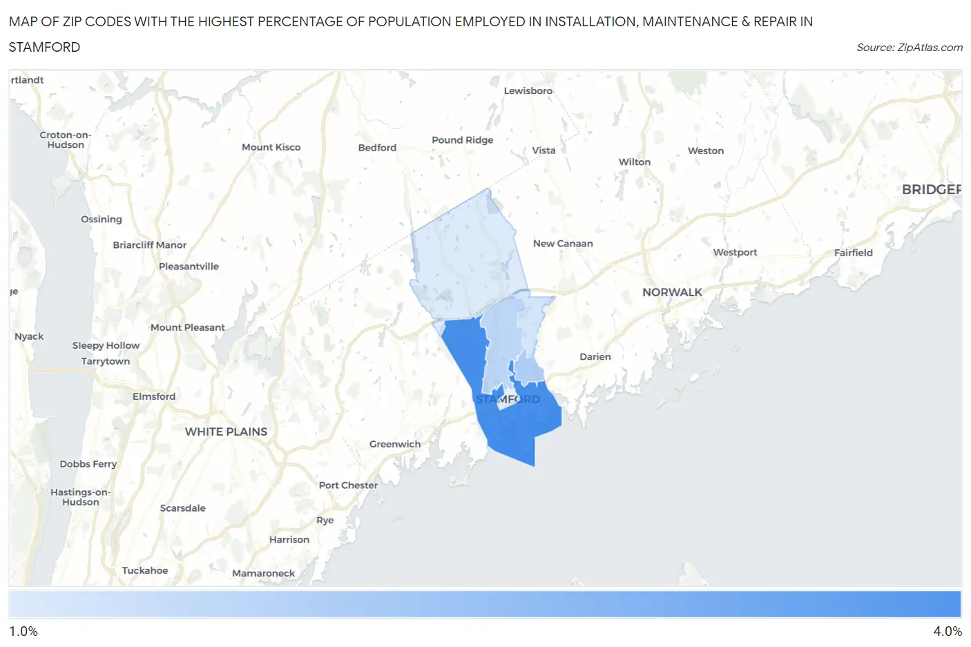 Zip Codes with the Highest Percentage of Population Employed in Installation, Maintenance & Repair in Stamford Map
