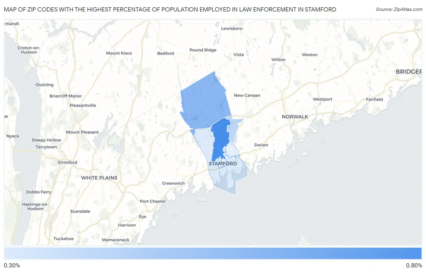 Zip Codes with the Highest Percentage of Population Employed in Law Enforcement in Stamford Map