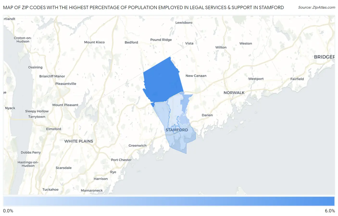 Zip Codes with the Highest Percentage of Population Employed in Legal Services & Support in Stamford Map