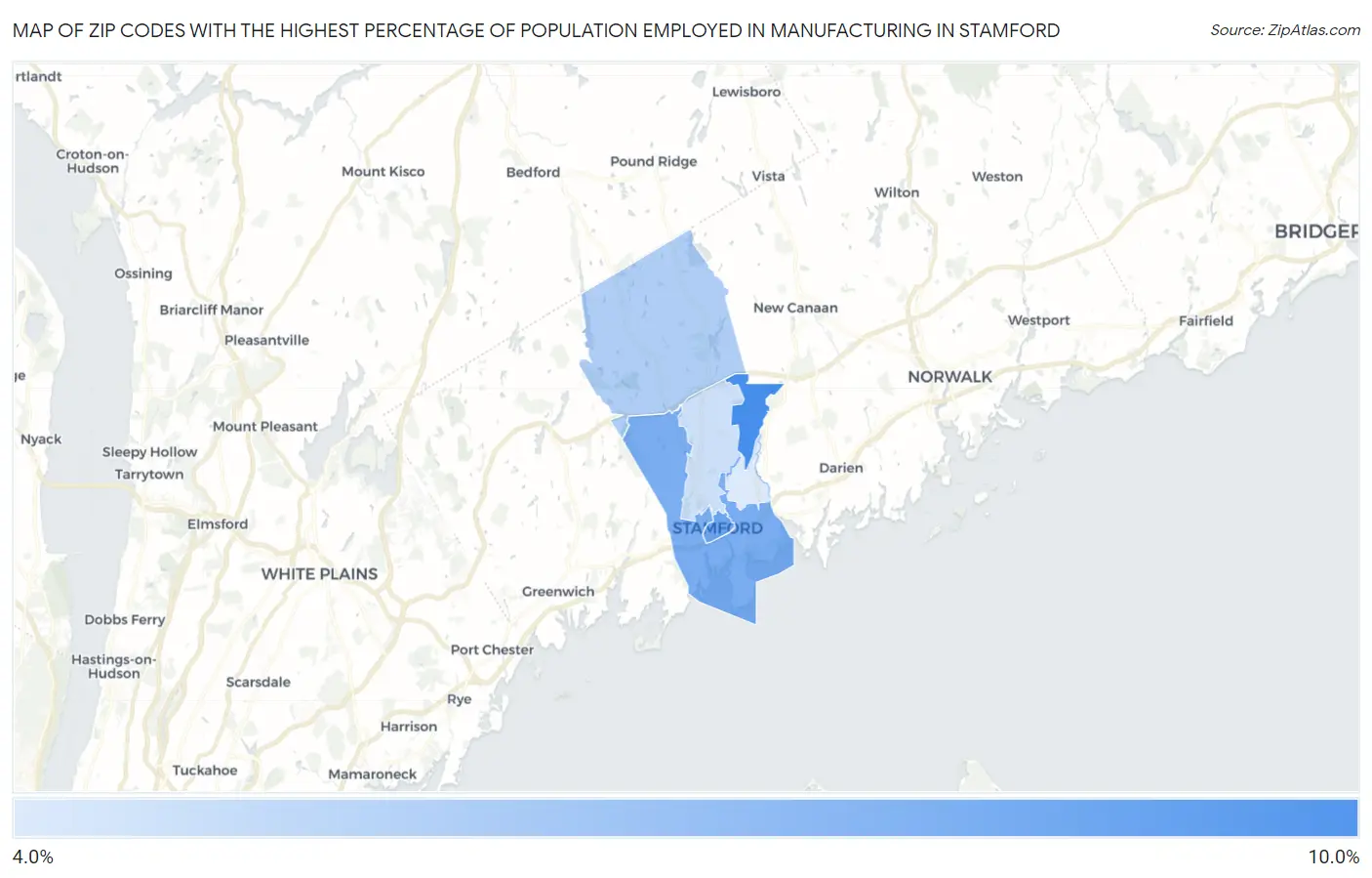 Zip Codes with the Highest Percentage of Population Employed in Manufacturing in Stamford Map