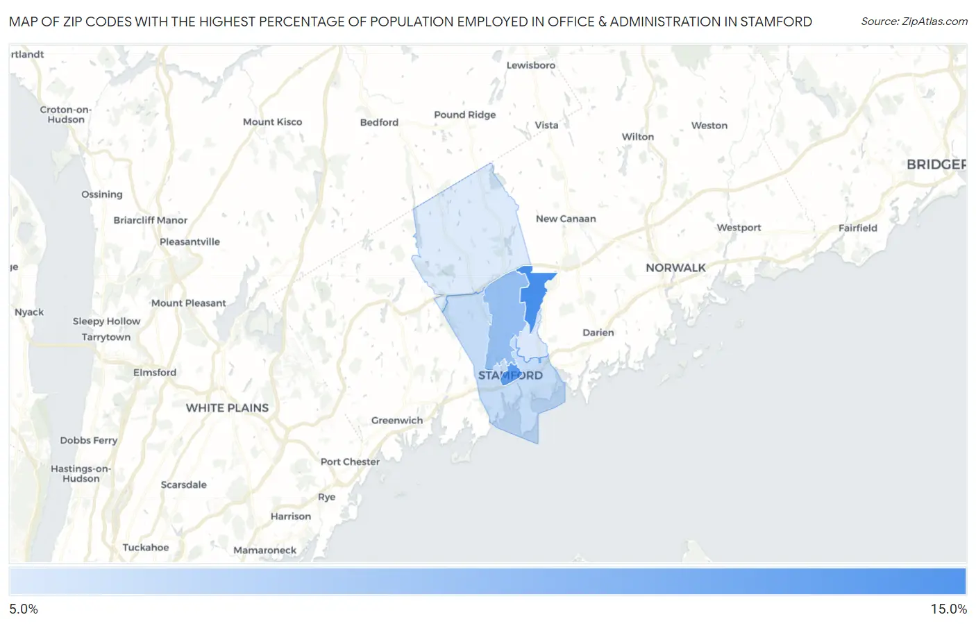 Zip Codes with the Highest Percentage of Population Employed in Office & Administration in Stamford Map