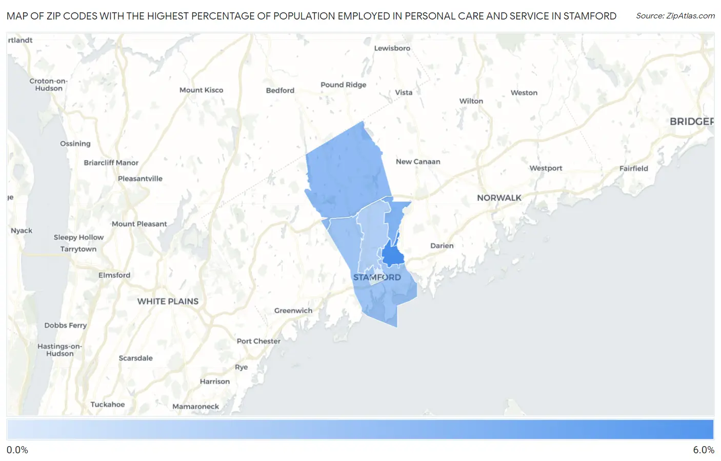 Zip Codes with the Highest Percentage of Population Employed in Personal Care and Service in Stamford Map