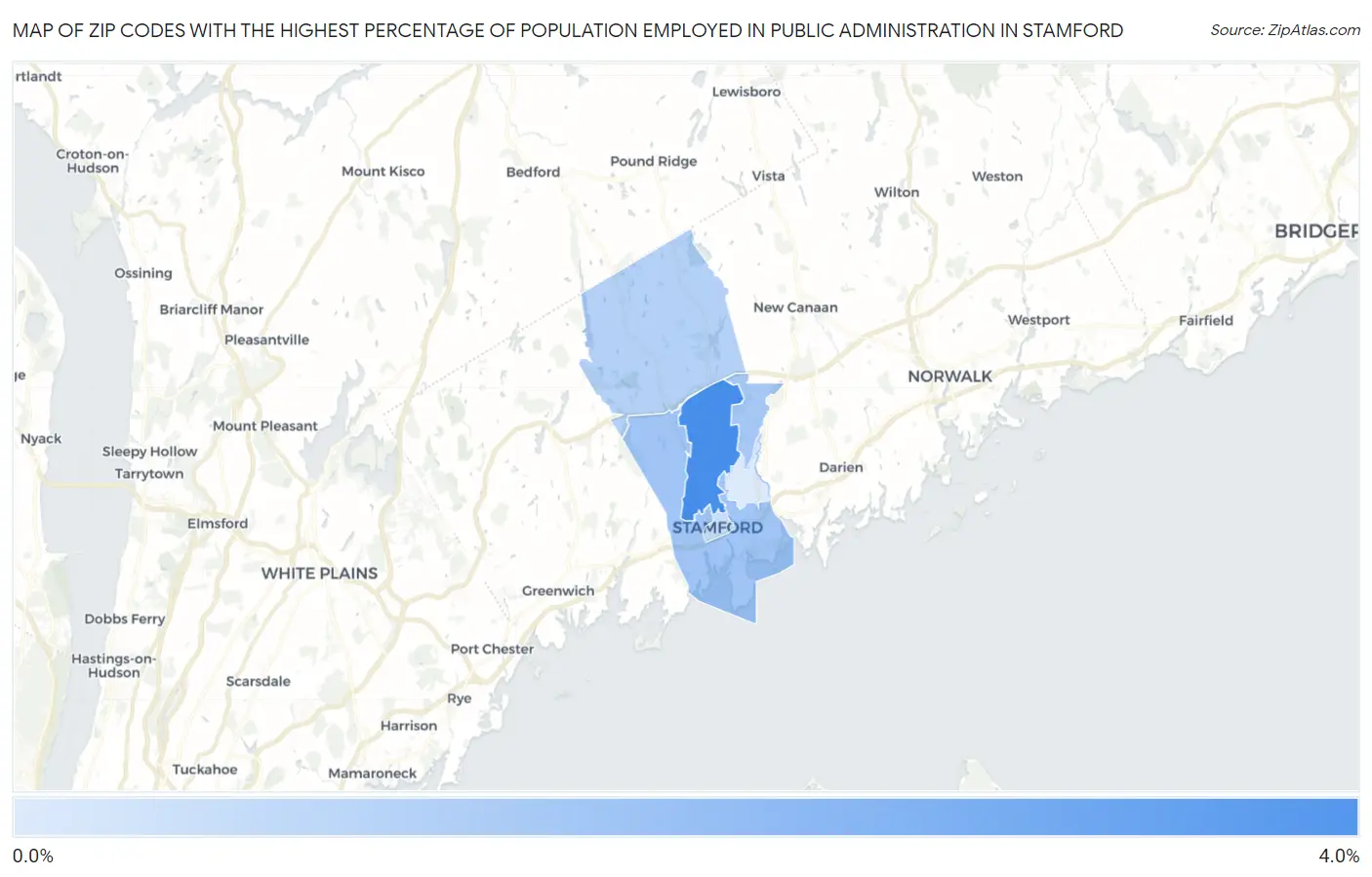 Zip Codes with the Highest Percentage of Population Employed in Public Administration in Stamford Map