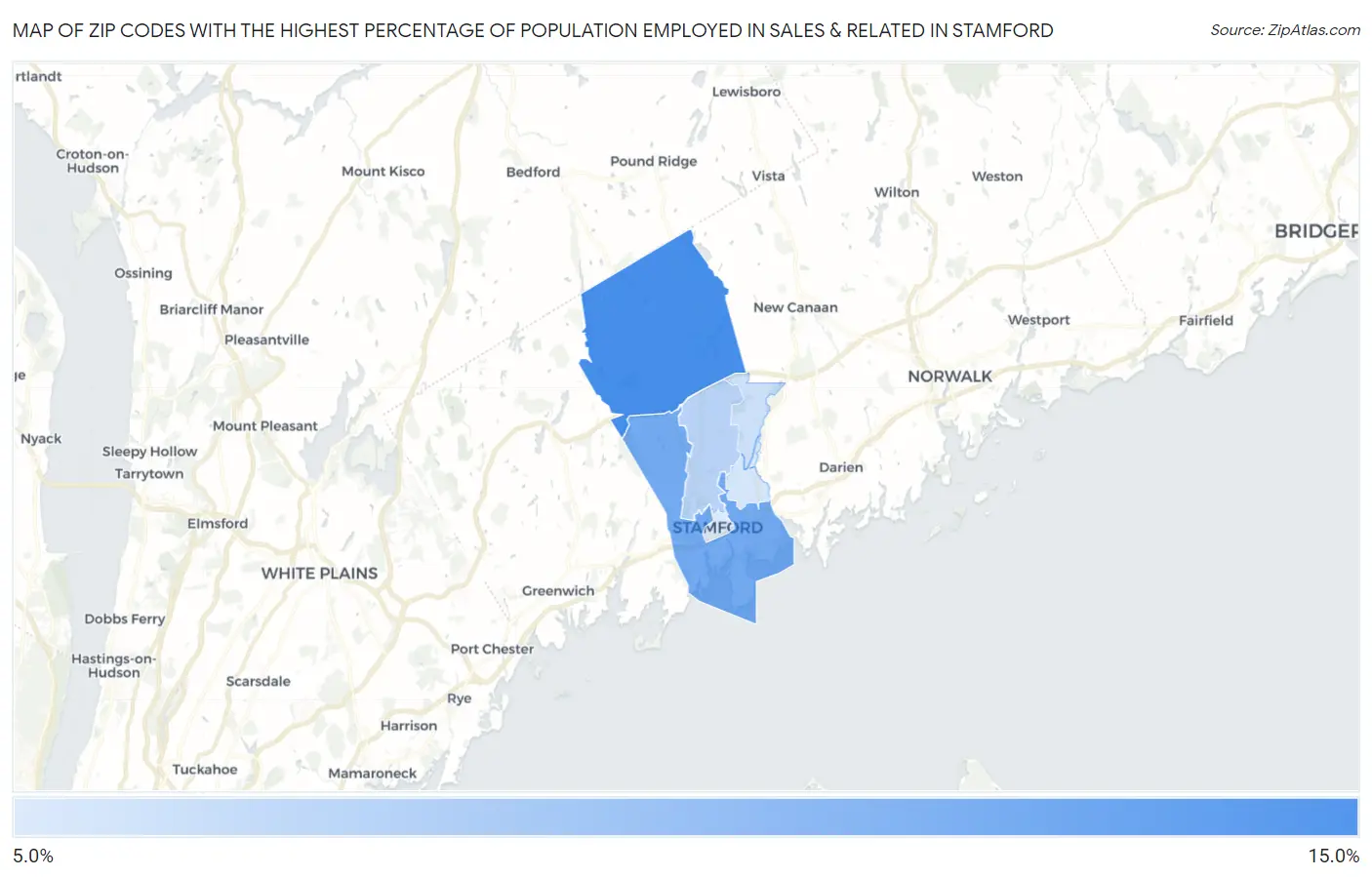 Zip Codes with the Highest Percentage of Population Employed in Sales & Related in Stamford Map