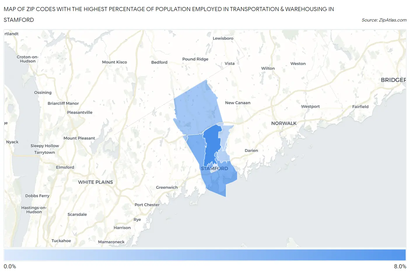 Zip Codes with the Highest Percentage of Population Employed in Transportation & Warehousing in Stamford Map