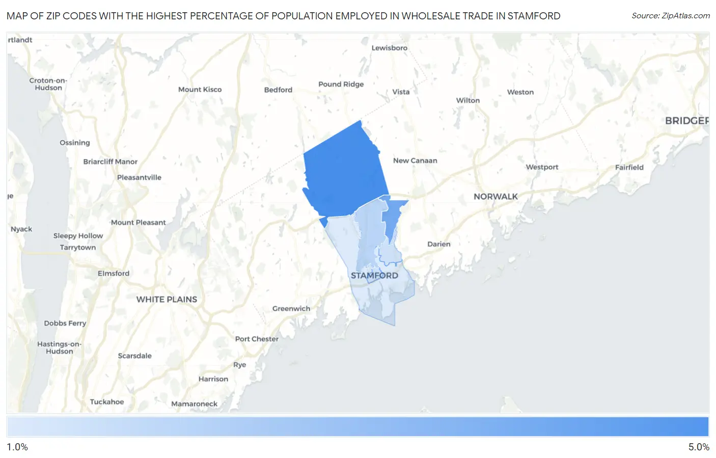 Zip Codes with the Highest Percentage of Population Employed in Wholesale Trade in Stamford Map