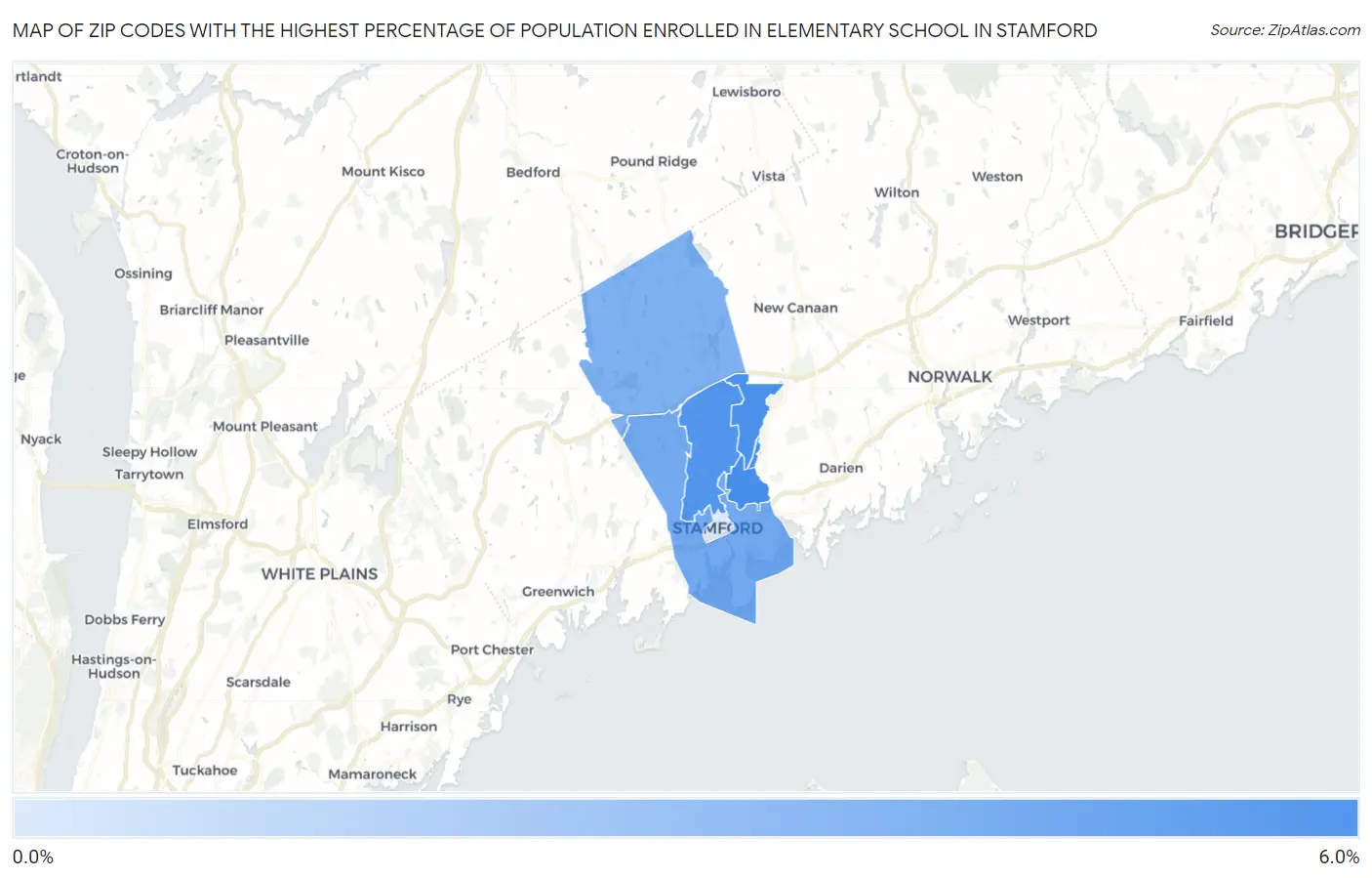 Zip Codes with the Highest Percentage of Population Enrolled in Elementary School in Stamford Map