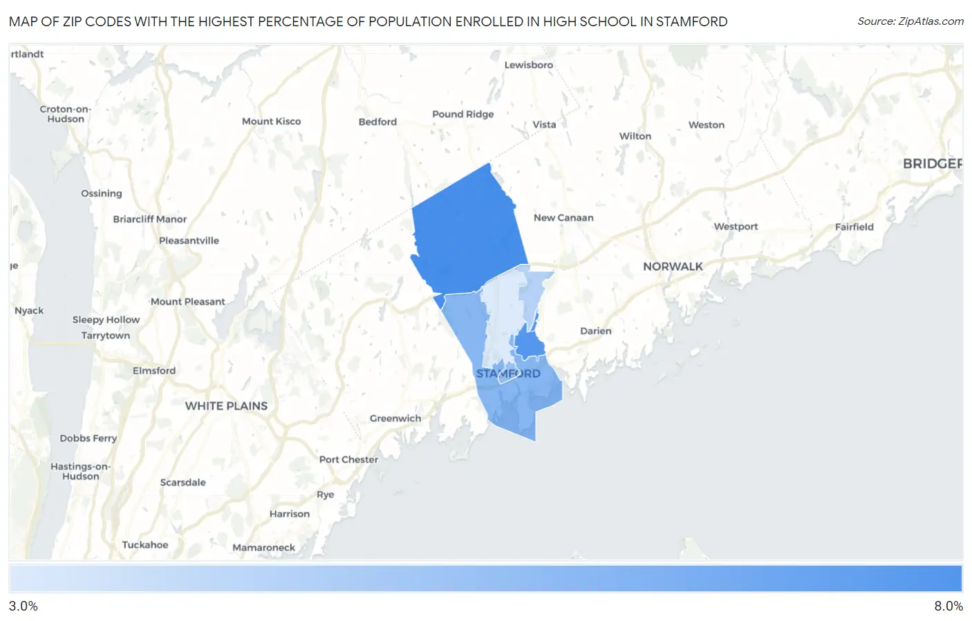 Zip Codes with the Highest Percentage of Population Enrolled in High School in Stamford Map