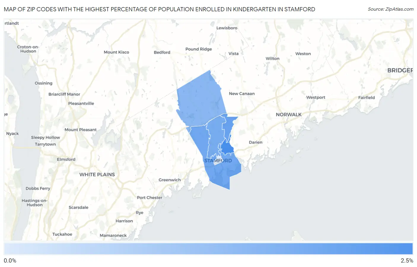Zip Codes with the Highest Percentage of Population Enrolled in Kindergarten in Stamford Map