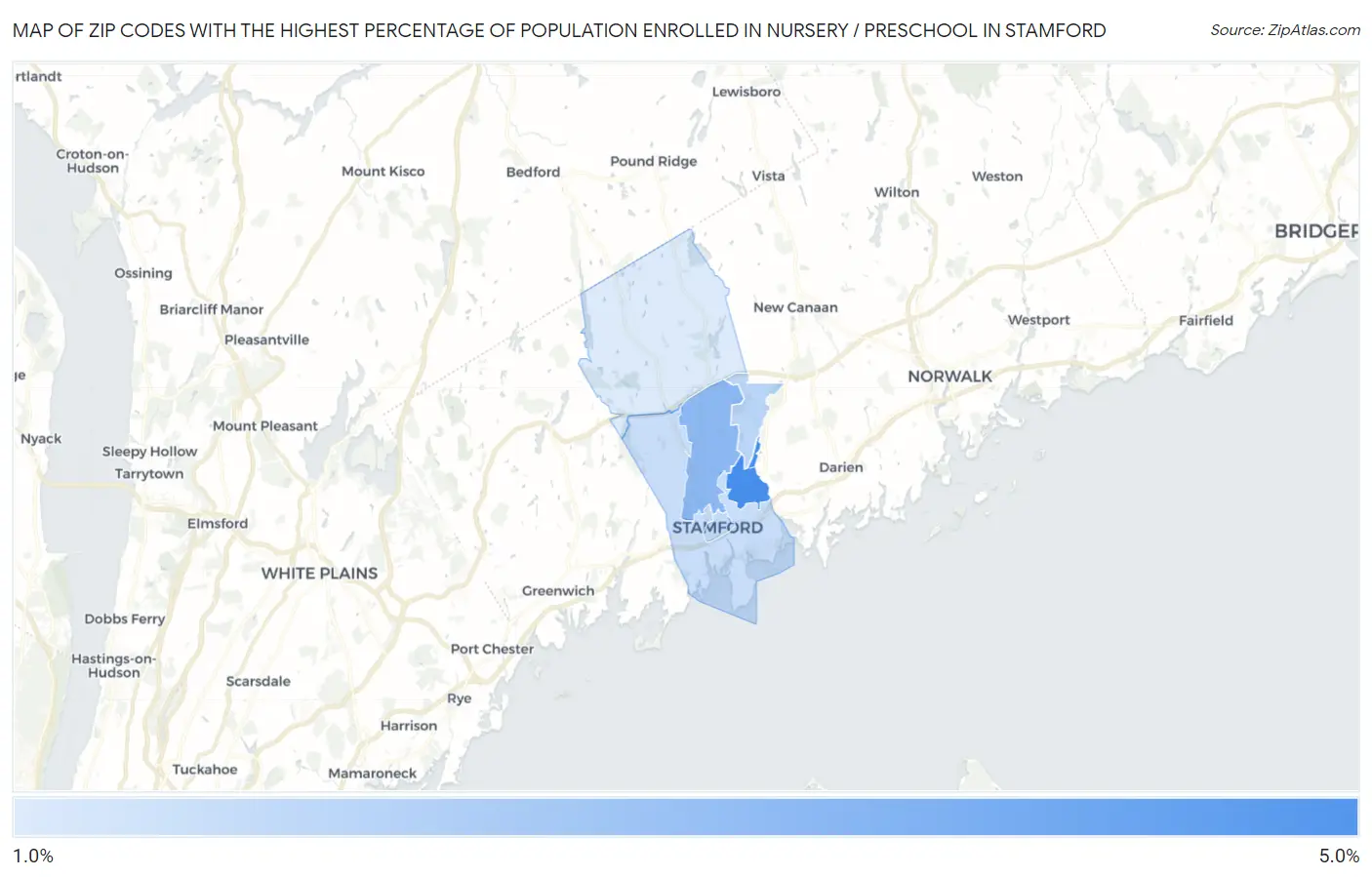 Zip Codes with the Highest Percentage of Population Enrolled in Nursery / Preschool in Stamford Map