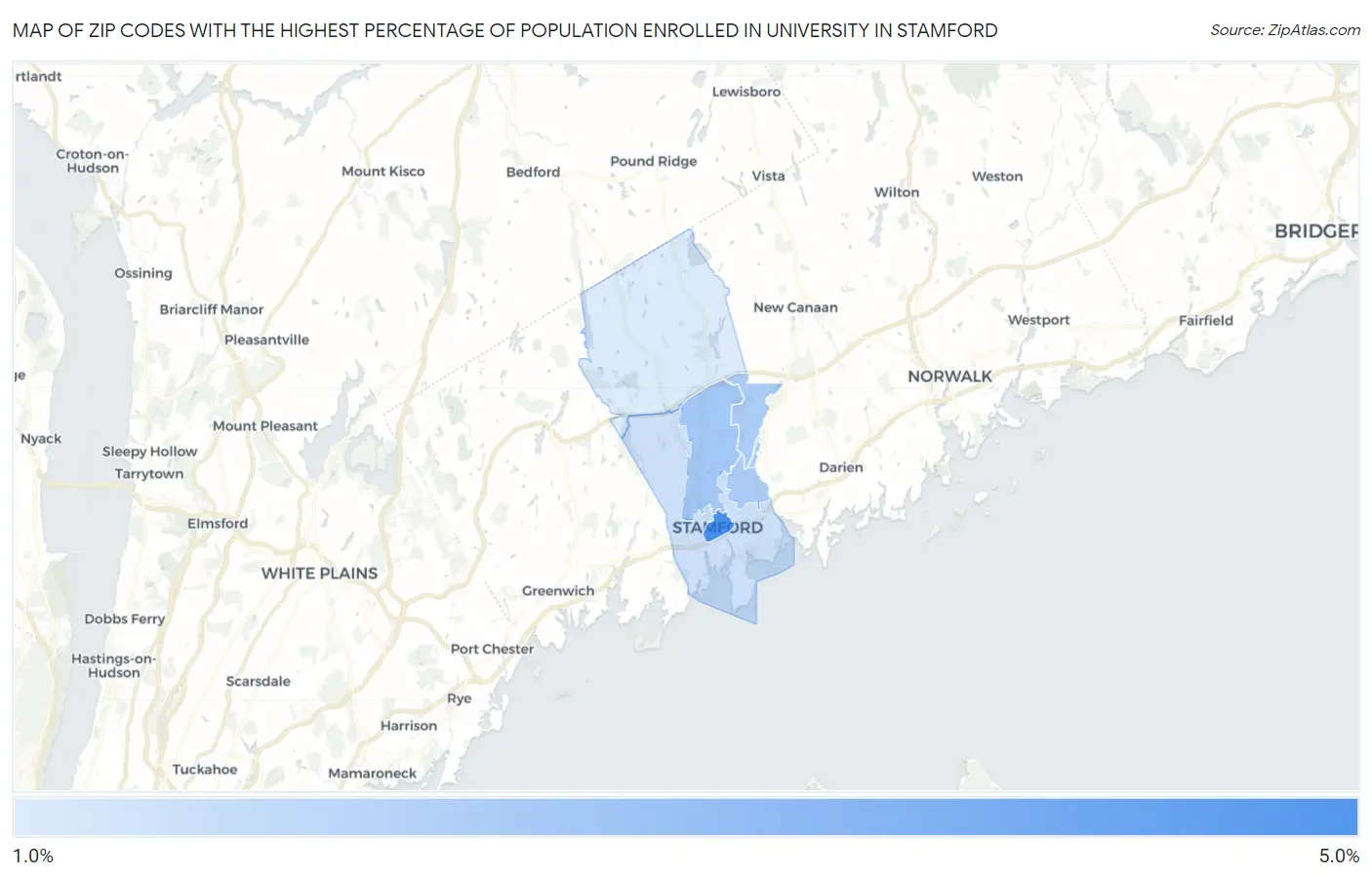 Zip Codes with the Highest Percentage of Population Enrolled in University in Stamford Map