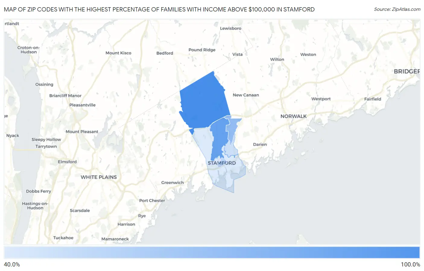 Zip Codes with the Highest Percentage of Families with Income Above $100,000 in Stamford Map