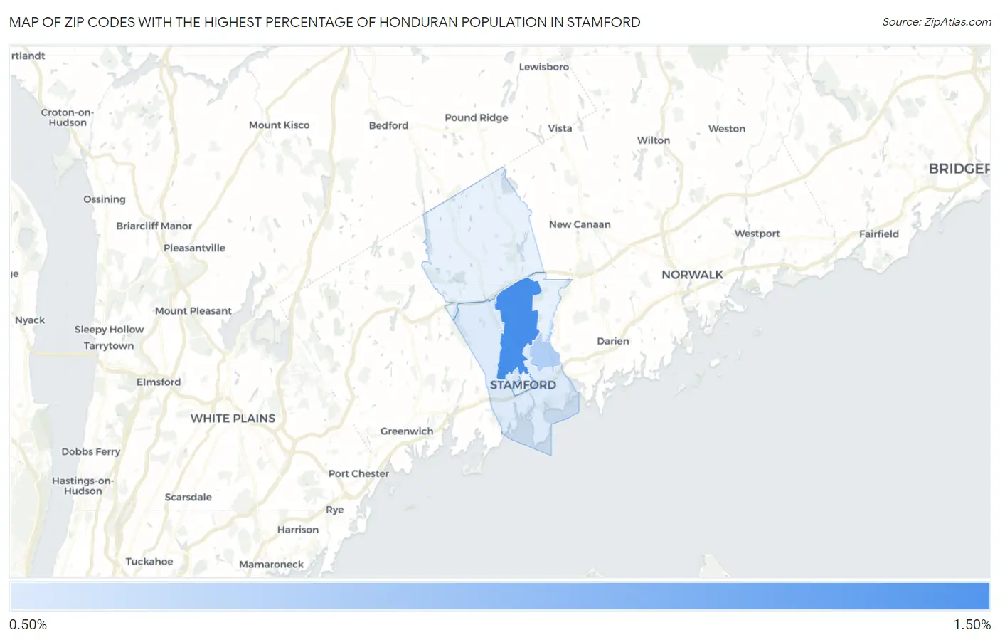 Zip Codes with the Highest Percentage of Honduran Population in Stamford Map