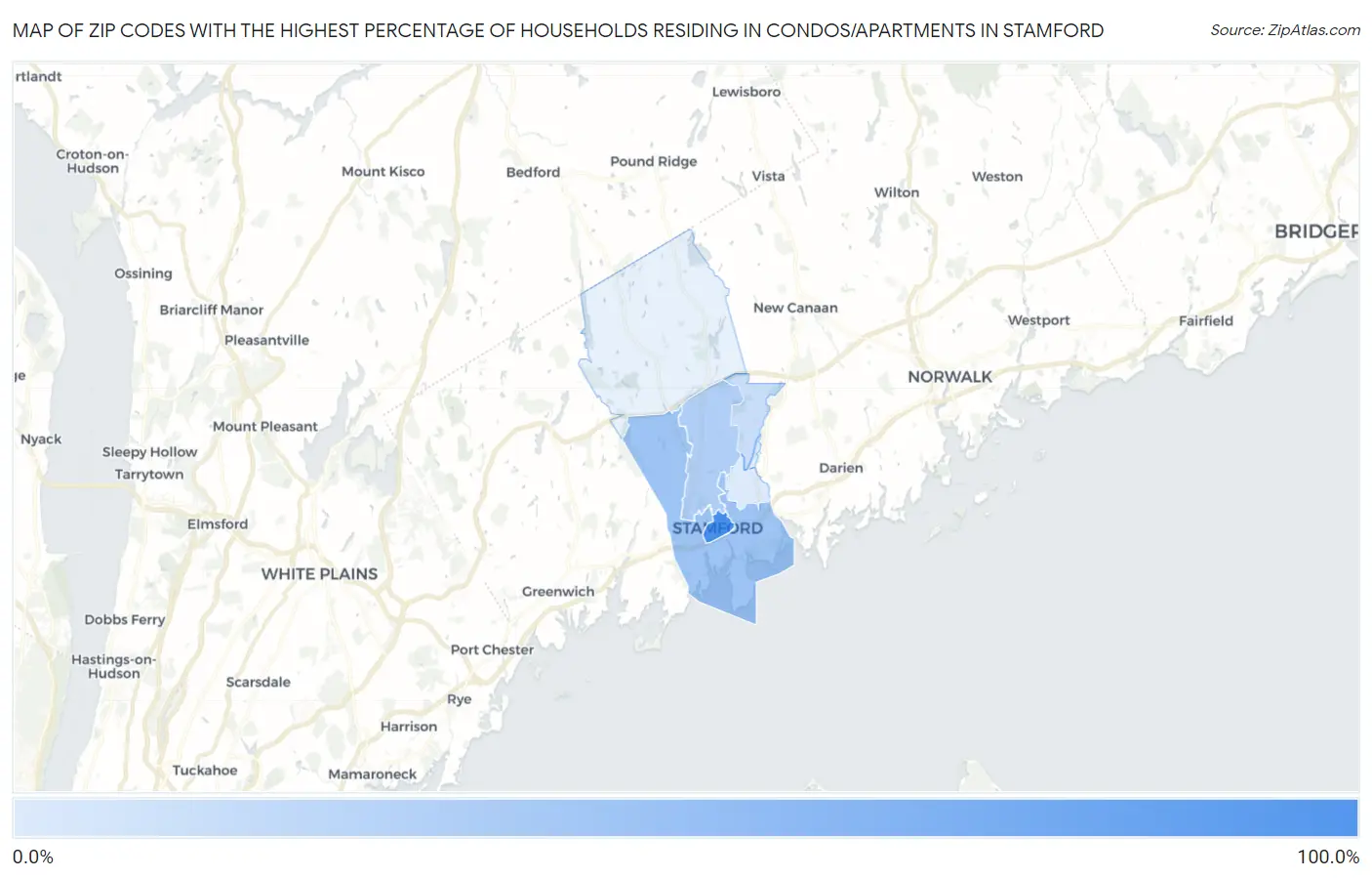 Zip Codes with the Highest Percentage of Households Residing in Condos/Apartments in Stamford Map