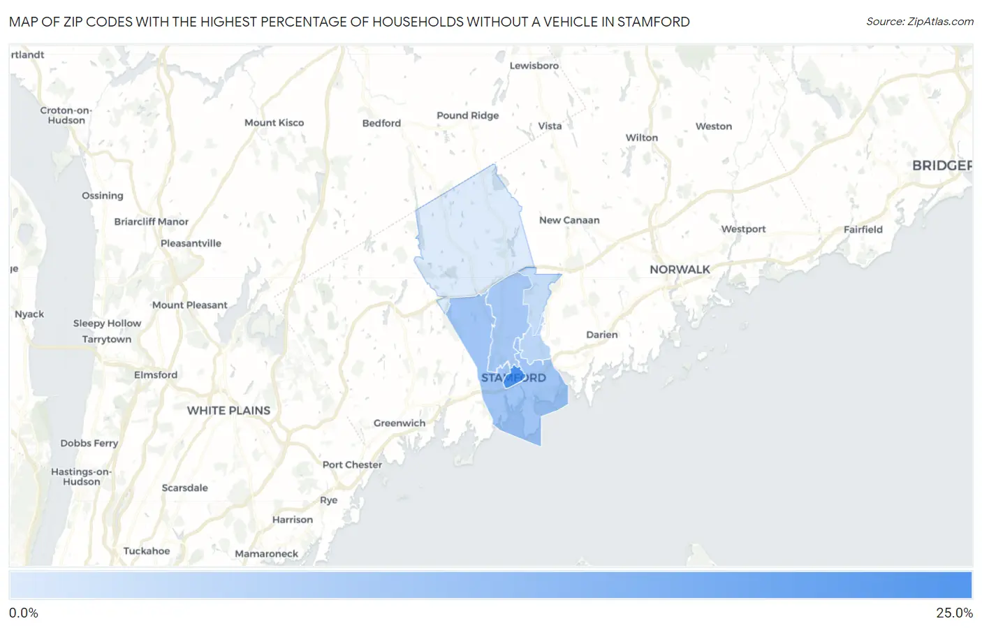 Zip Codes with the Highest Percentage of Households Without a Vehicle in Stamford Map