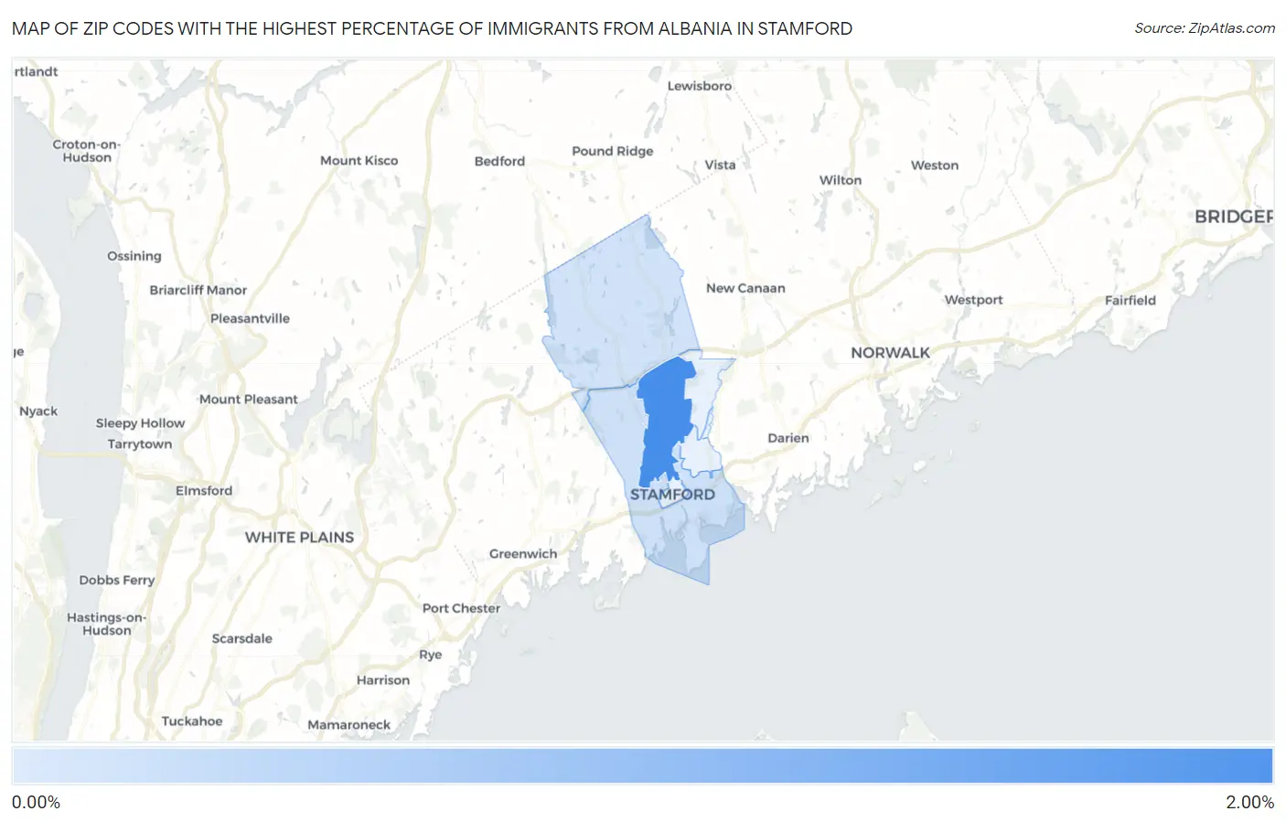 Zip Codes with the Highest Percentage of Immigrants from Albania in Stamford Map