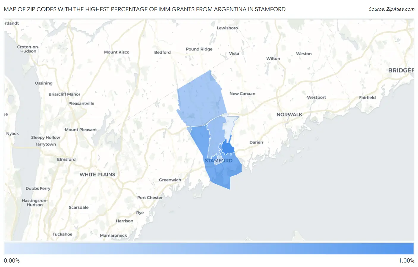 Zip Codes with the Highest Percentage of Immigrants from Argentina in Stamford Map