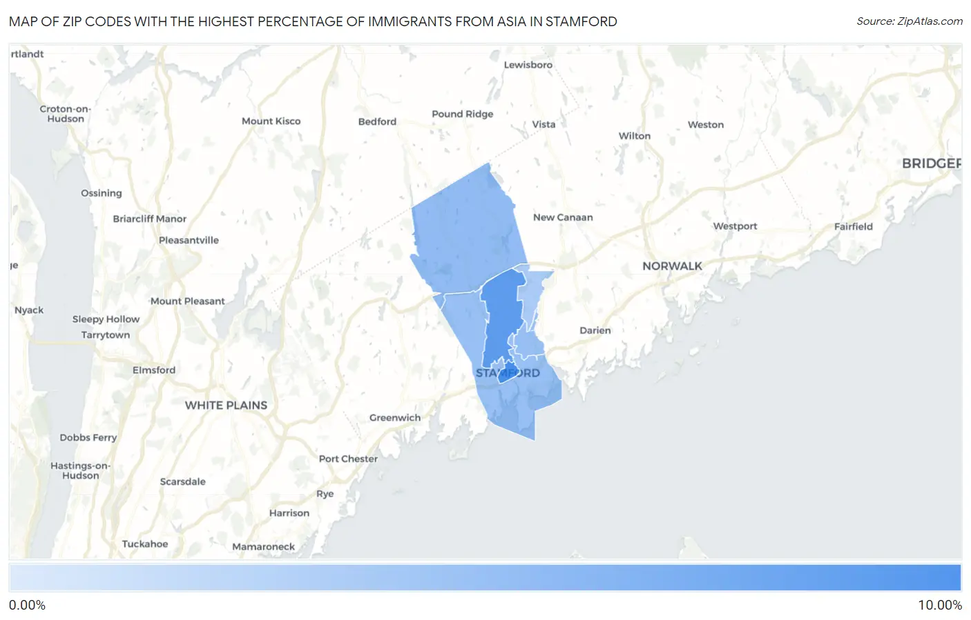 Zip Codes with the Highest Percentage of Immigrants from Asia in Stamford Map