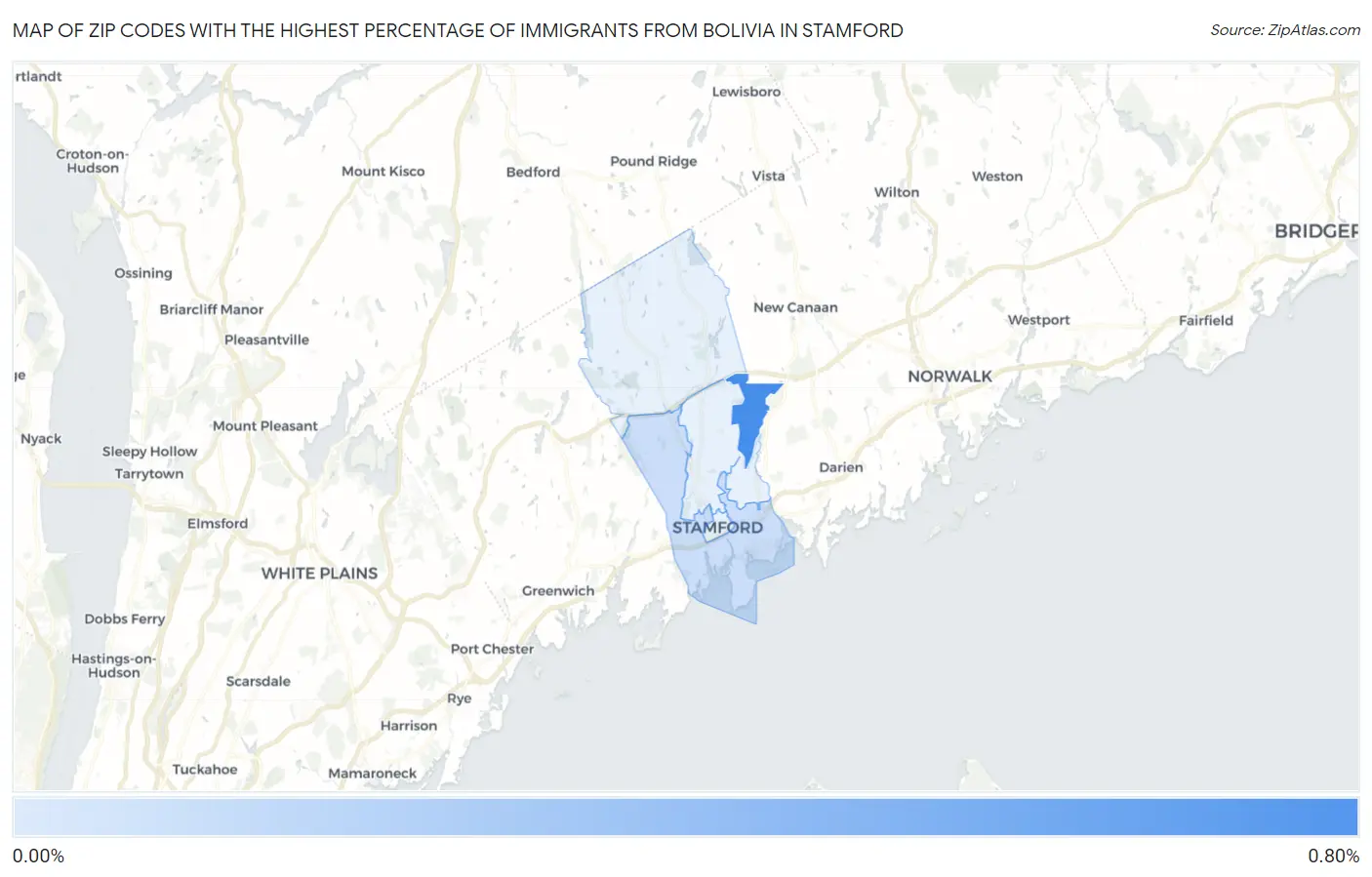 Zip Codes with the Highest Percentage of Immigrants from Bolivia in Stamford Map