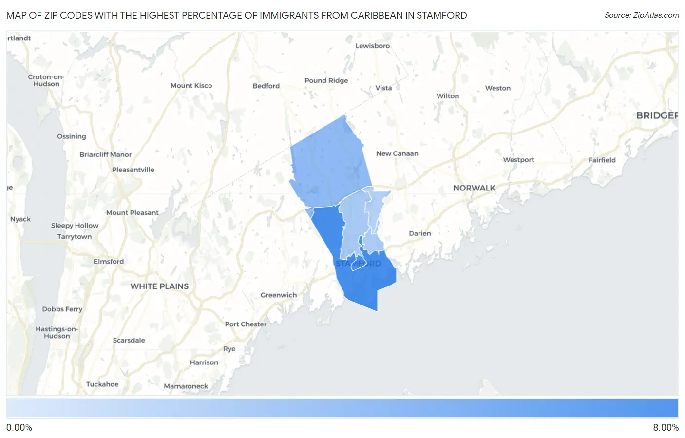 Zip Codes with the Highest Percentage of Immigrants from Caribbean in Stamford Map