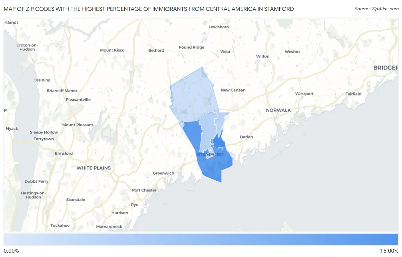 Zip Codes with the Highest Percentage of Immigrants from Central America in Stamford Map