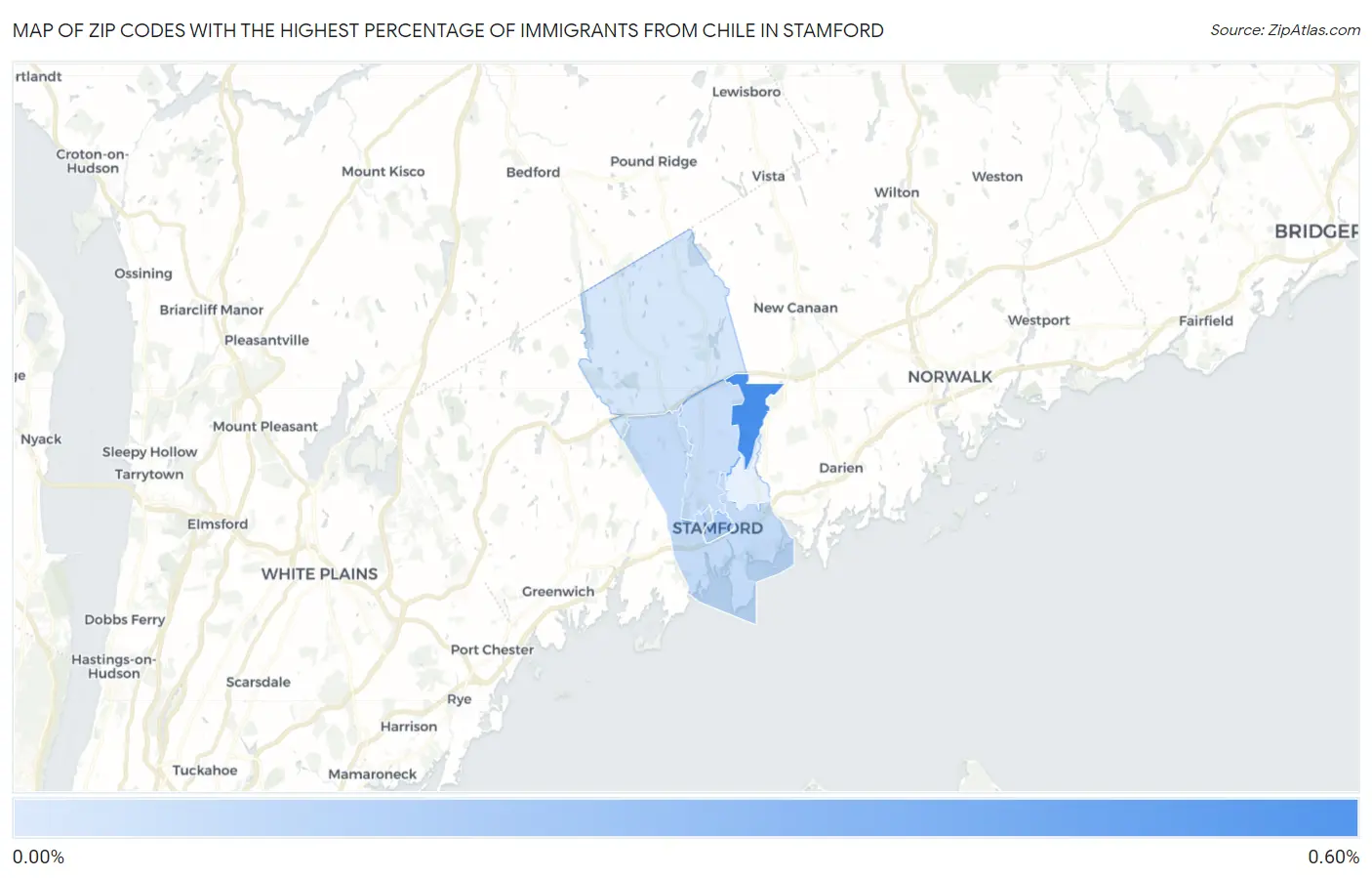 Zip Codes with the Highest Percentage of Immigrants from Chile in Stamford Map