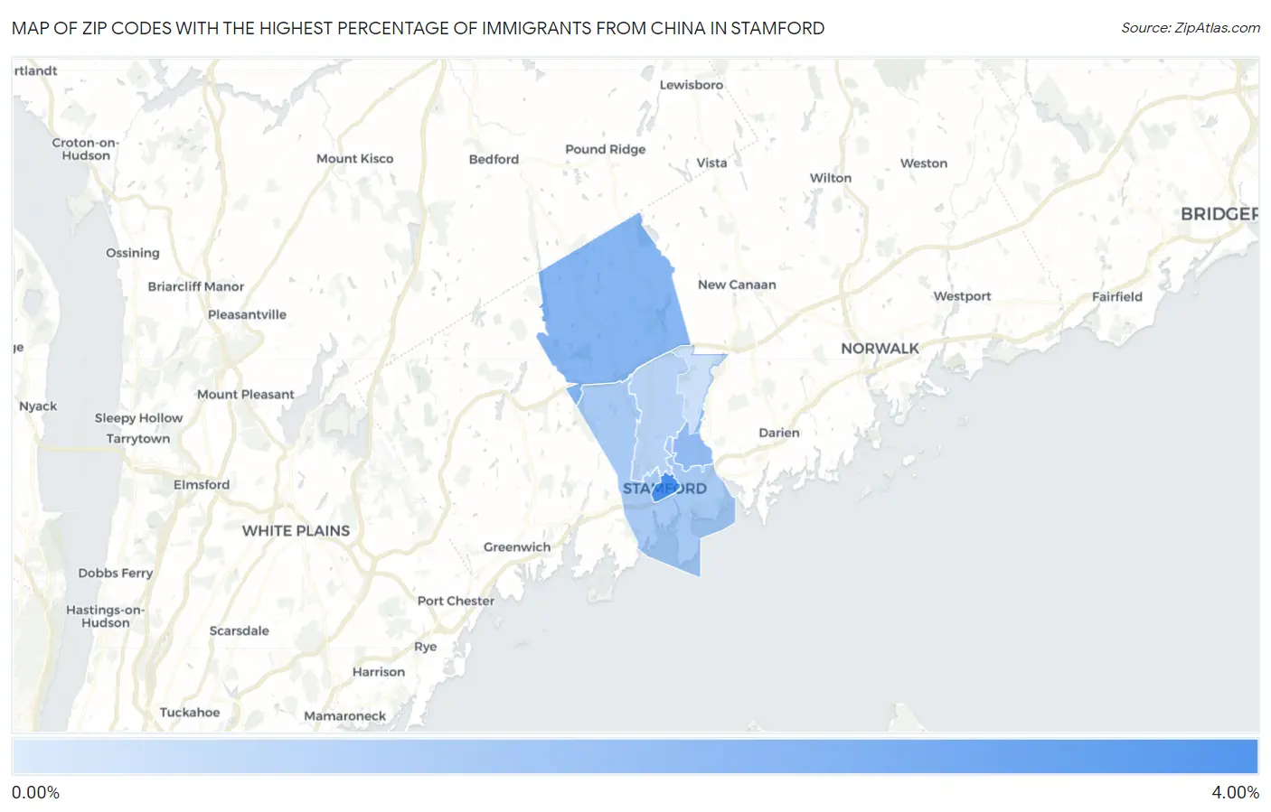 Zip Codes with the Highest Percentage of Immigrants from China in Stamford Map