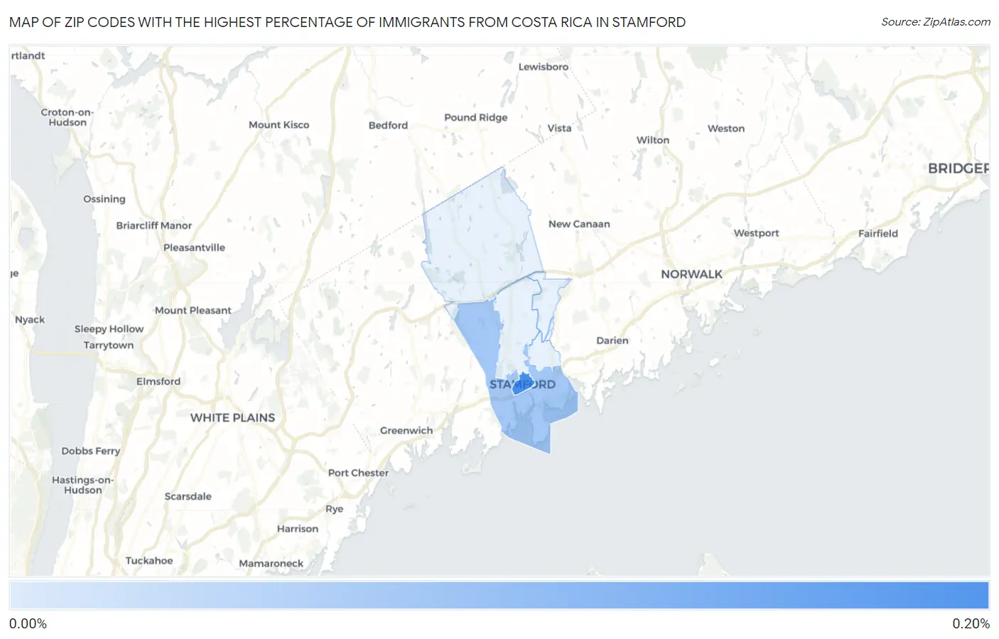 Zip Codes with the Highest Percentage of Immigrants from Costa Rica in Stamford Map