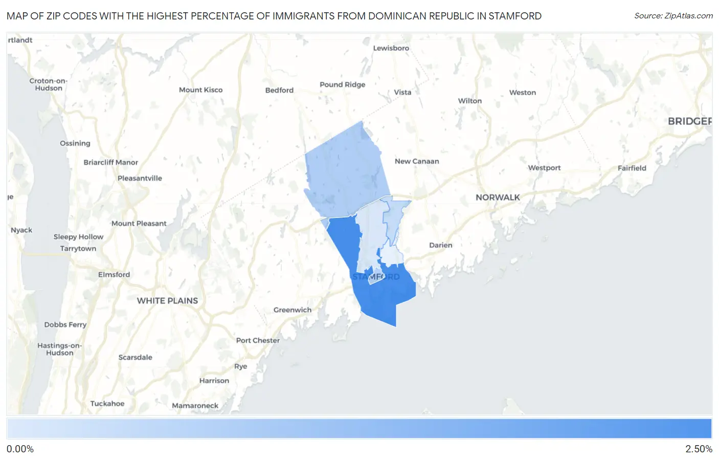 Zip Codes with the Highest Percentage of Immigrants from Dominican Republic in Stamford Map