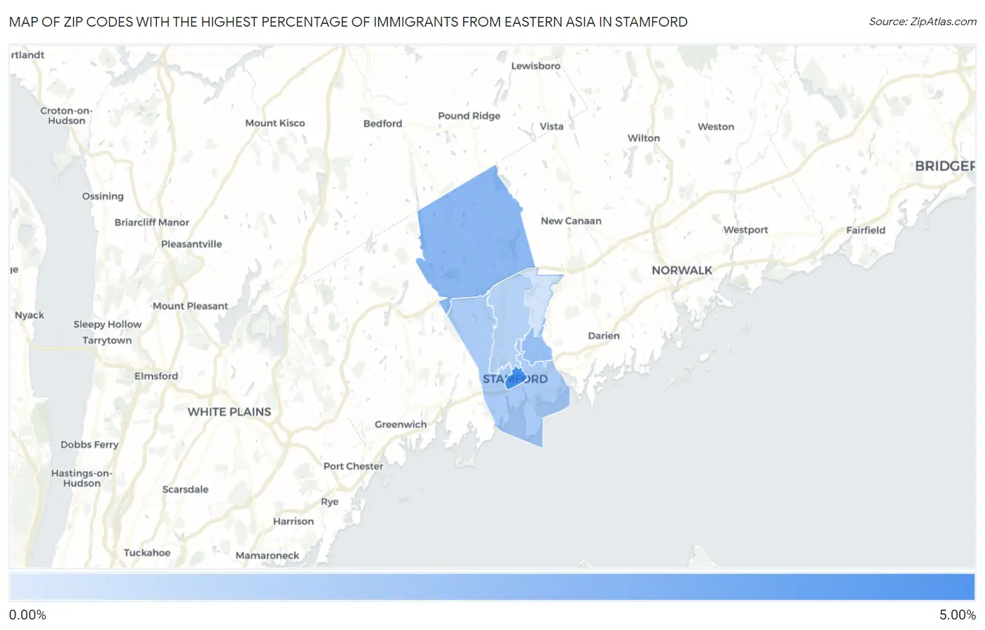 Zip Codes with the Highest Percentage of Immigrants from Eastern Asia in Stamford Map