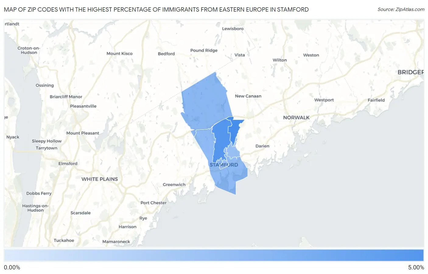 Zip Codes with the Highest Percentage of Immigrants from Eastern Europe in Stamford Map