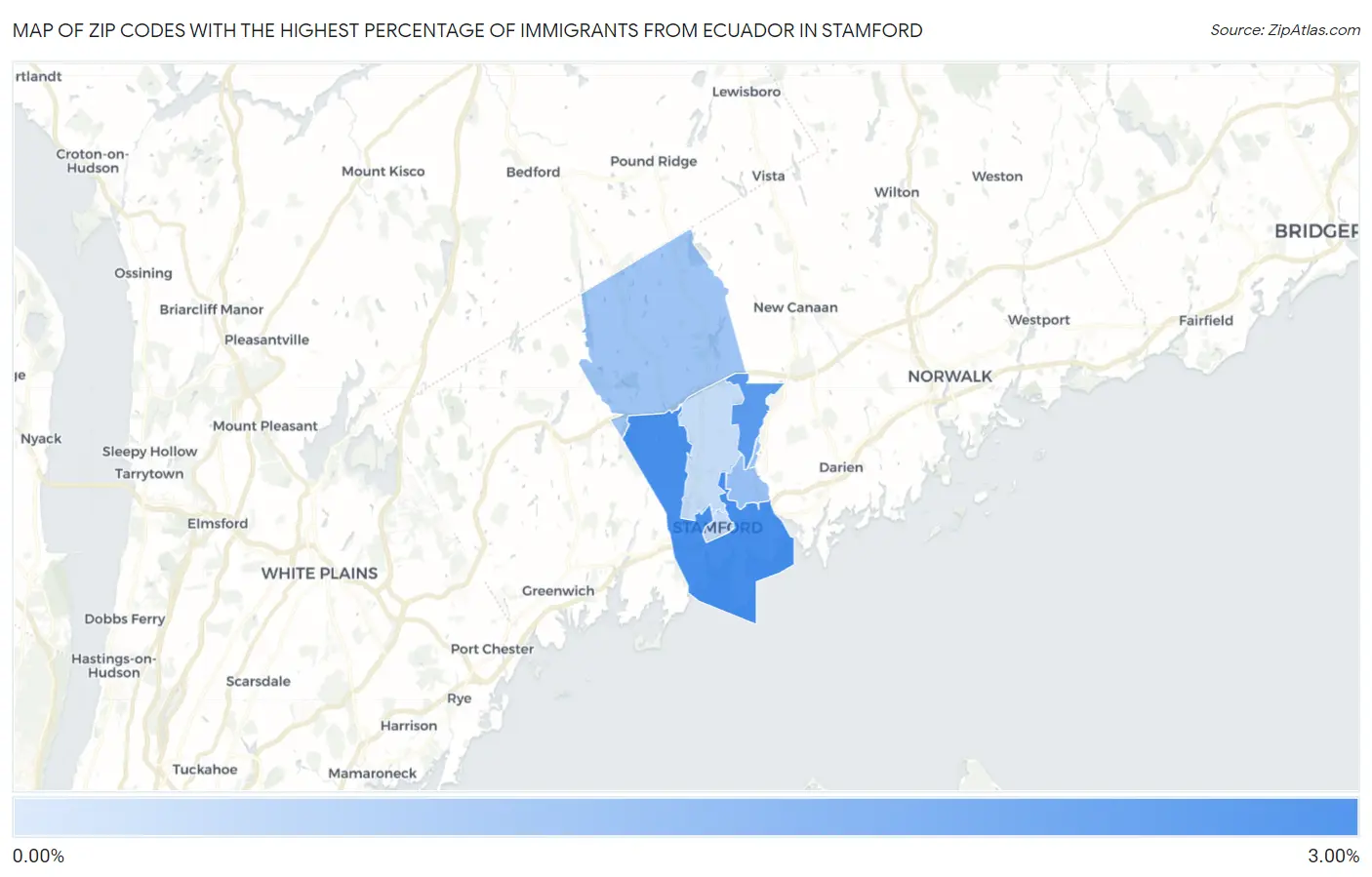 Zip Codes with the Highest Percentage of Immigrants from Ecuador in Stamford Map