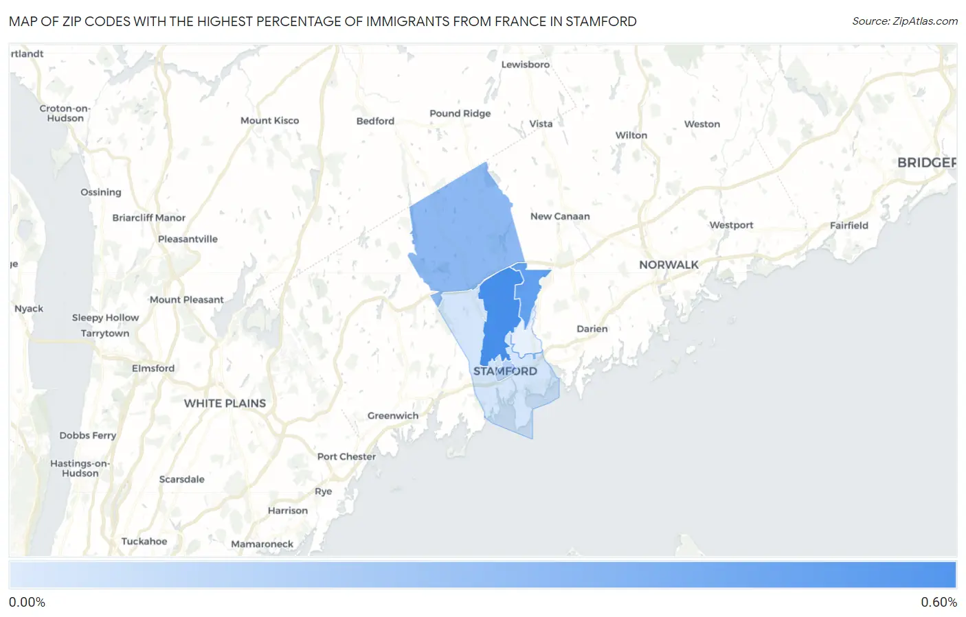 Zip Codes with the Highest Percentage of Immigrants from France in Stamford Map