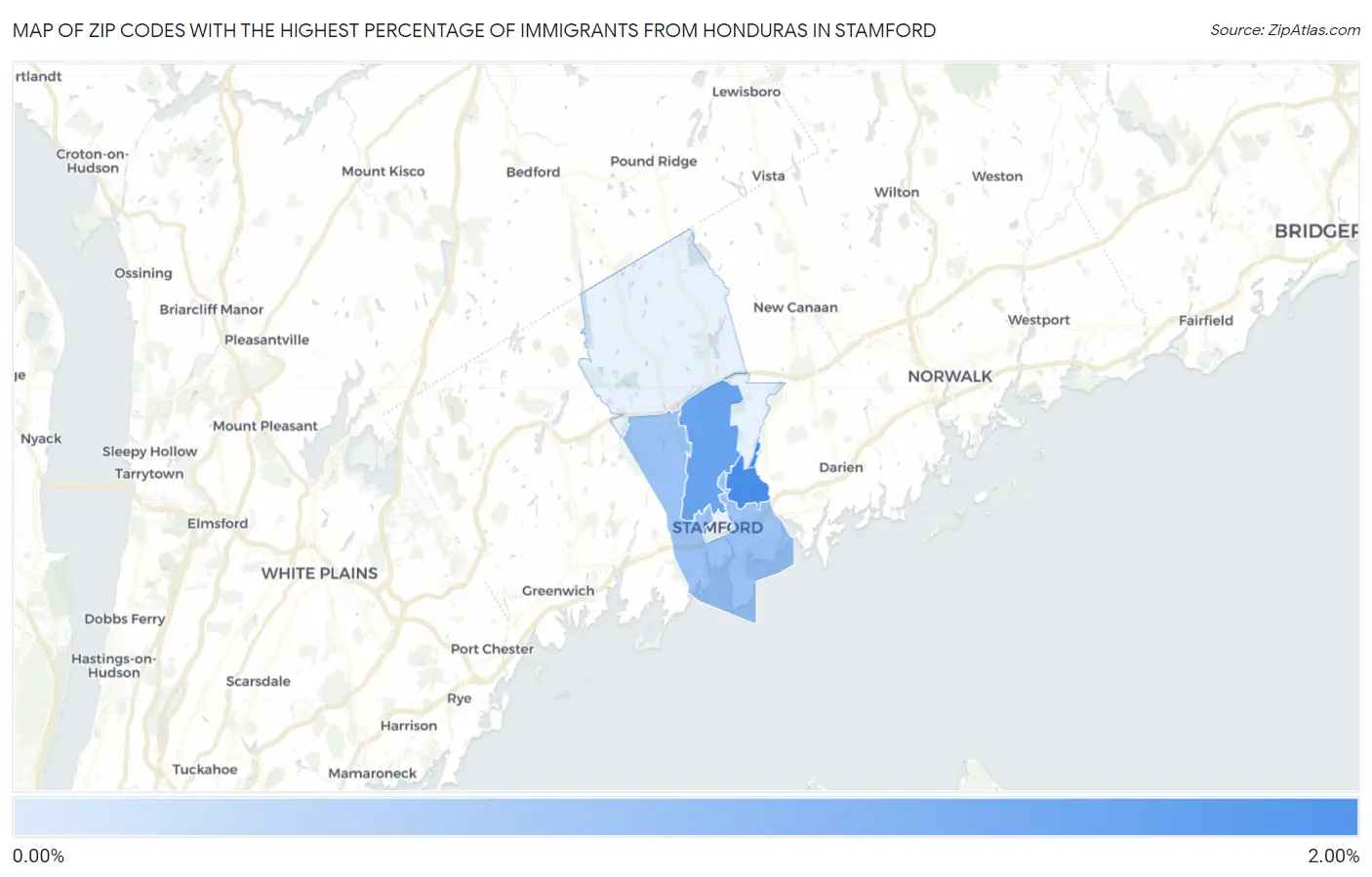 Zip Codes with the Highest Percentage of Immigrants from Honduras in Stamford Map