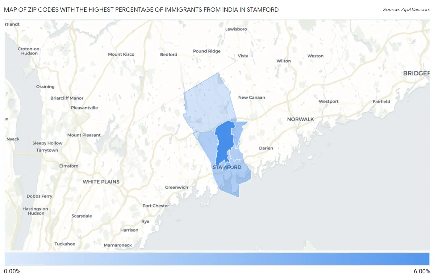 Zip Codes with the Highest Percentage of Immigrants from India in Stamford Map