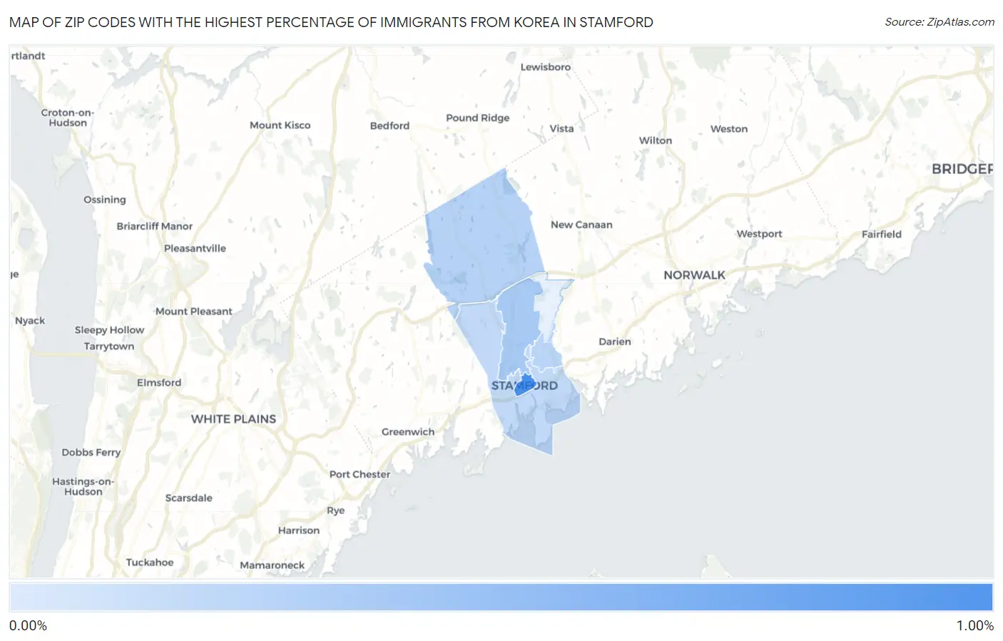Zip Codes with the Highest Percentage of Immigrants from Korea in Stamford Map
