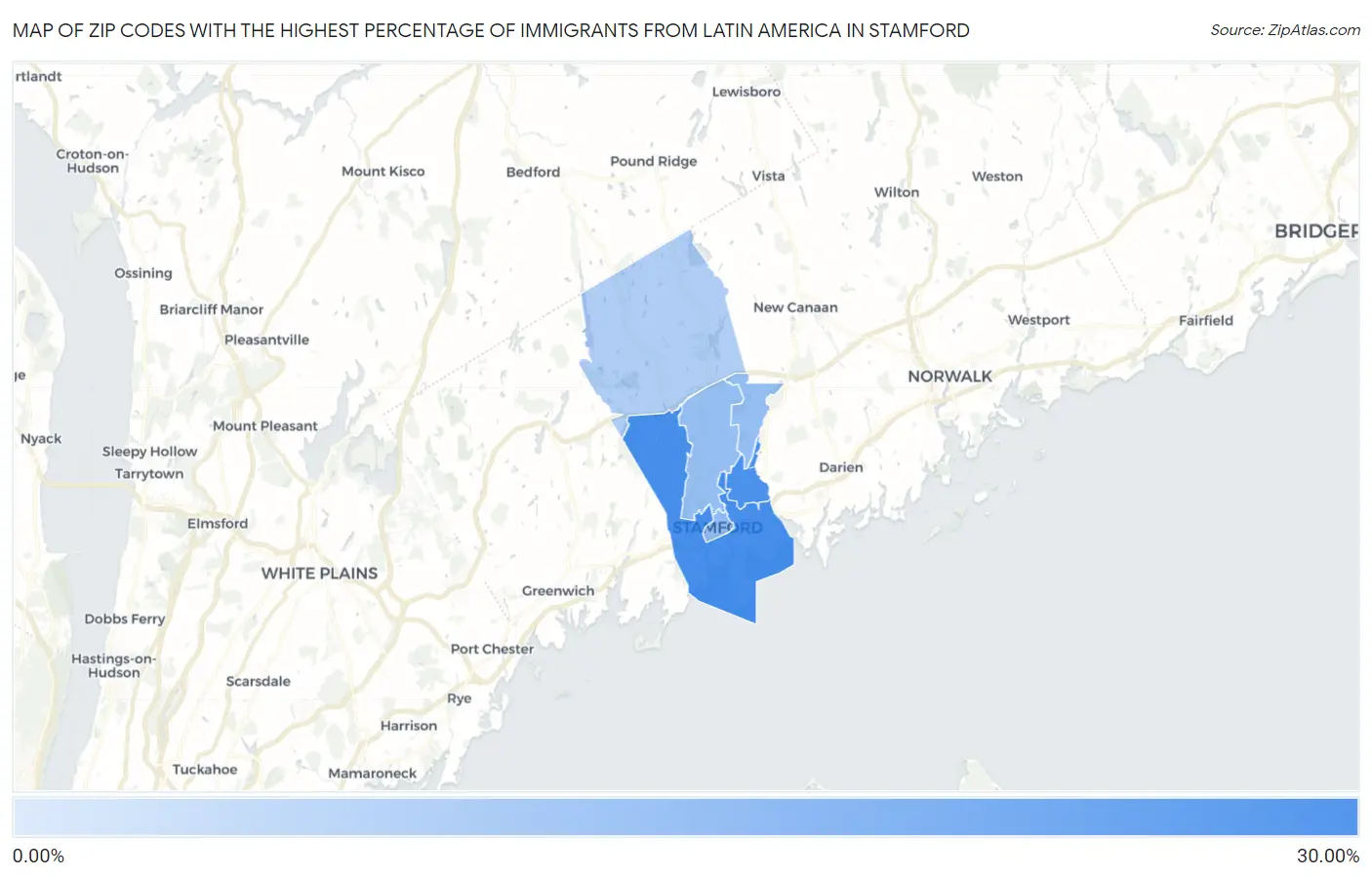 Zip Codes with the Highest Percentage of Immigrants from Latin America in Stamford Map