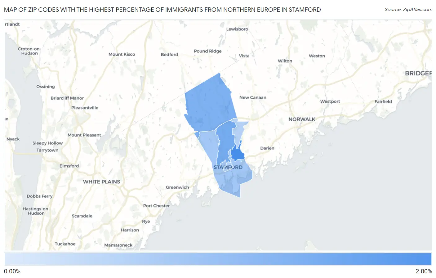 Zip Codes with the Highest Percentage of Immigrants from Northern Europe in Stamford Map