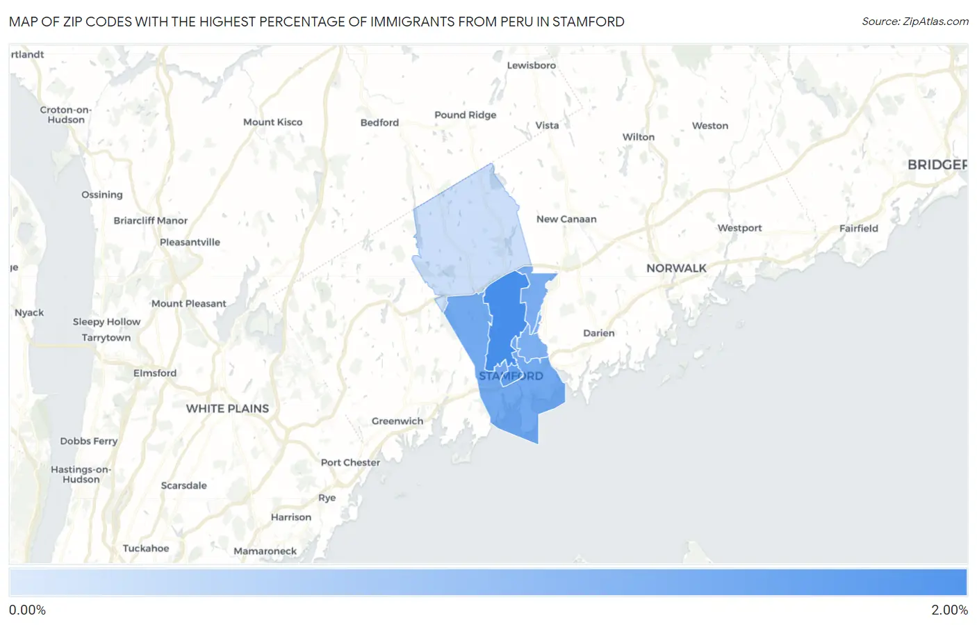 Zip Codes with the Highest Percentage of Immigrants from Peru in Stamford Map